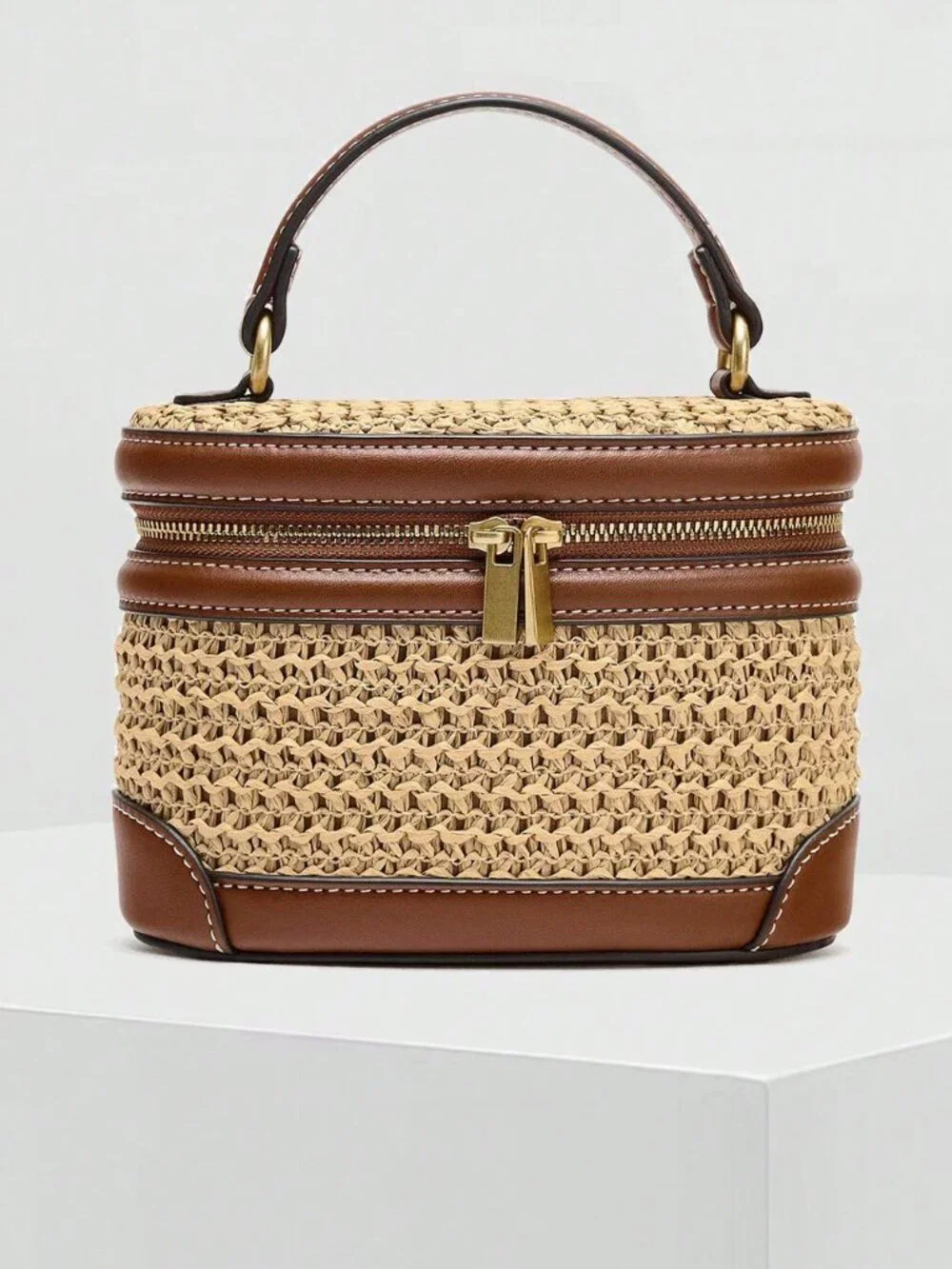 Khaki Vacation Women's Structured faux Leather trim  & Woven Crossbody Handbag